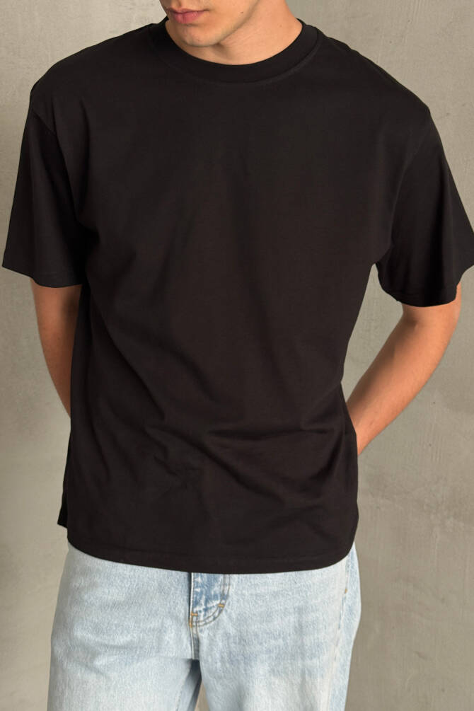 Erkek %100 Pamuk Oversize Basic T-shirt Siyah - 2