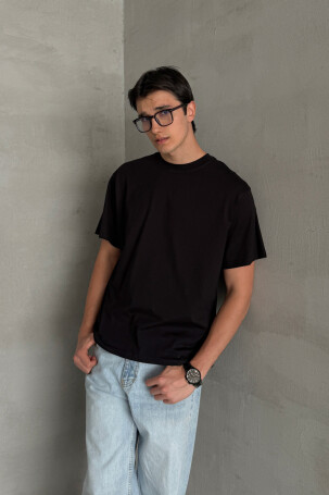 Erkek %100 Pamuk Oversize Basic T-shirt Siyah - 3