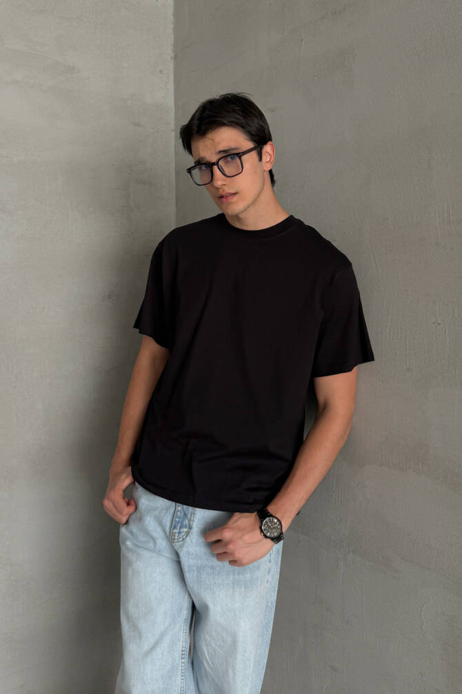 Erkek %100 Pamuk Oversize Basic T-shirt Siyah - 3