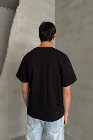 Erkek %100 Pamuk Oversize Basic T-shirt Siyah - 4