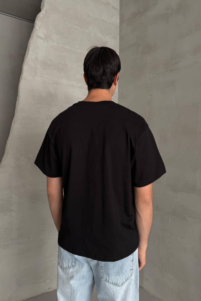Erkek %100 Pamuk Oversize Basic T-shirt Siyah - 4