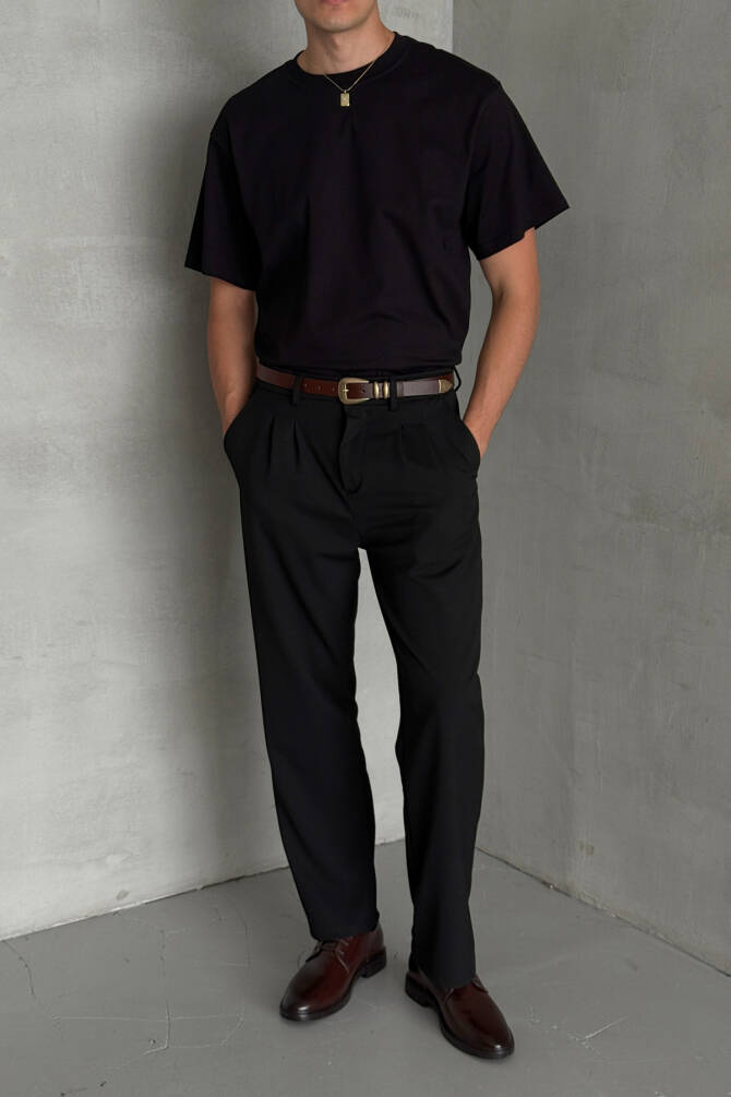 Erkek %100 Pamuk Oversize Basic T-shirt Siyah - 5