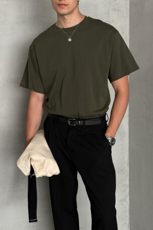 Erkek %100 Pamuk Oversize Basic T-shirt Yeşil 
