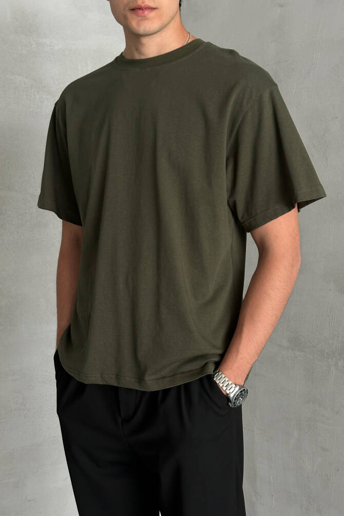 Erkek %100 Pamuk Oversize Basic T-shirt Yeşil - 2