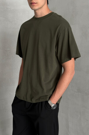 Erkek %100 Pamuk Oversize Basic T-shirt Yeşil - 3