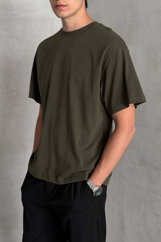 Erkek %100 Pamuk Oversize Basic T-shirt Yeşil - 3