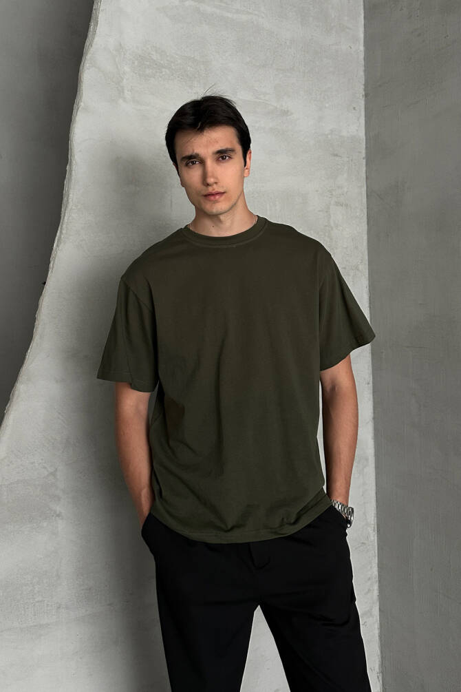 Erkek %100 Pamuk Oversize Basic T-shirt Yeşil - 4