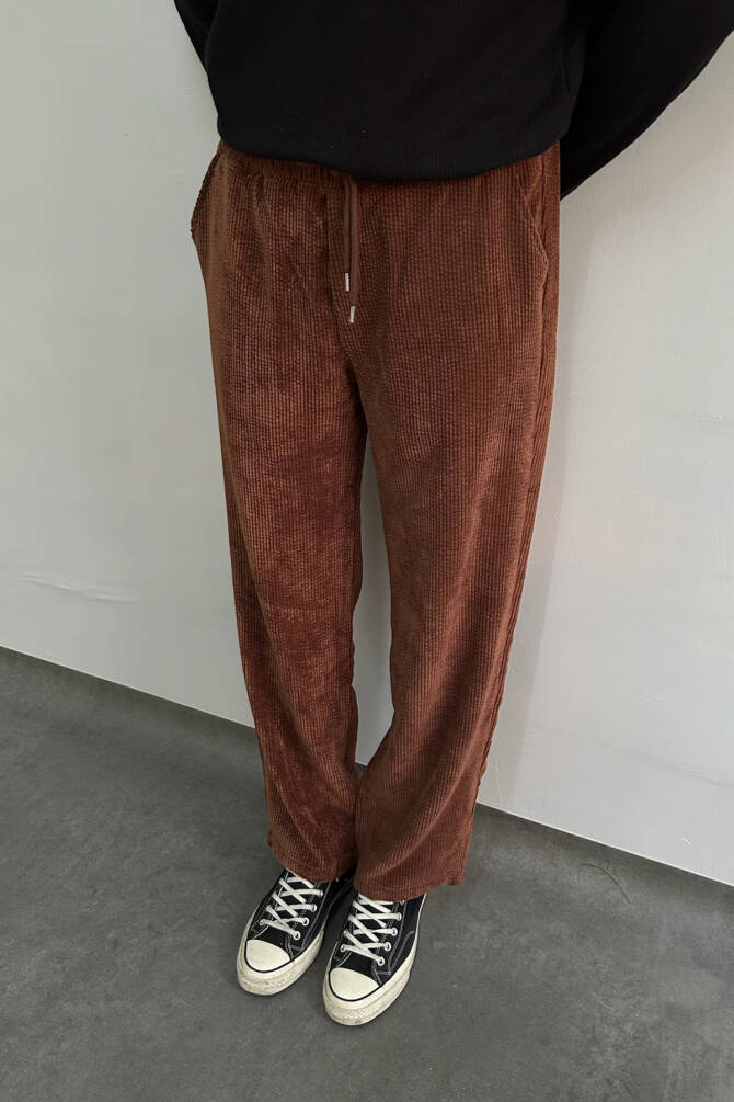 Erkek Beli Lastikli Baggy Kalıp Kadife Pantolon KAHVERENGİ - 1