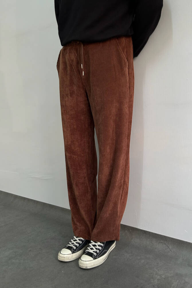 Erkek Beli Lastikli Baggy Kalıp Kadife Pantolon KAHVERENGİ - 2