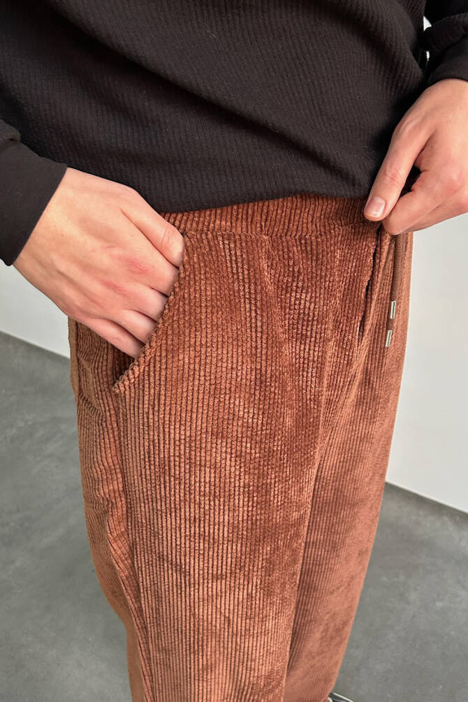 Erkek Beli Lastikli Baggy Kalıp Kadife Pantolon KAHVERENGİ - 5