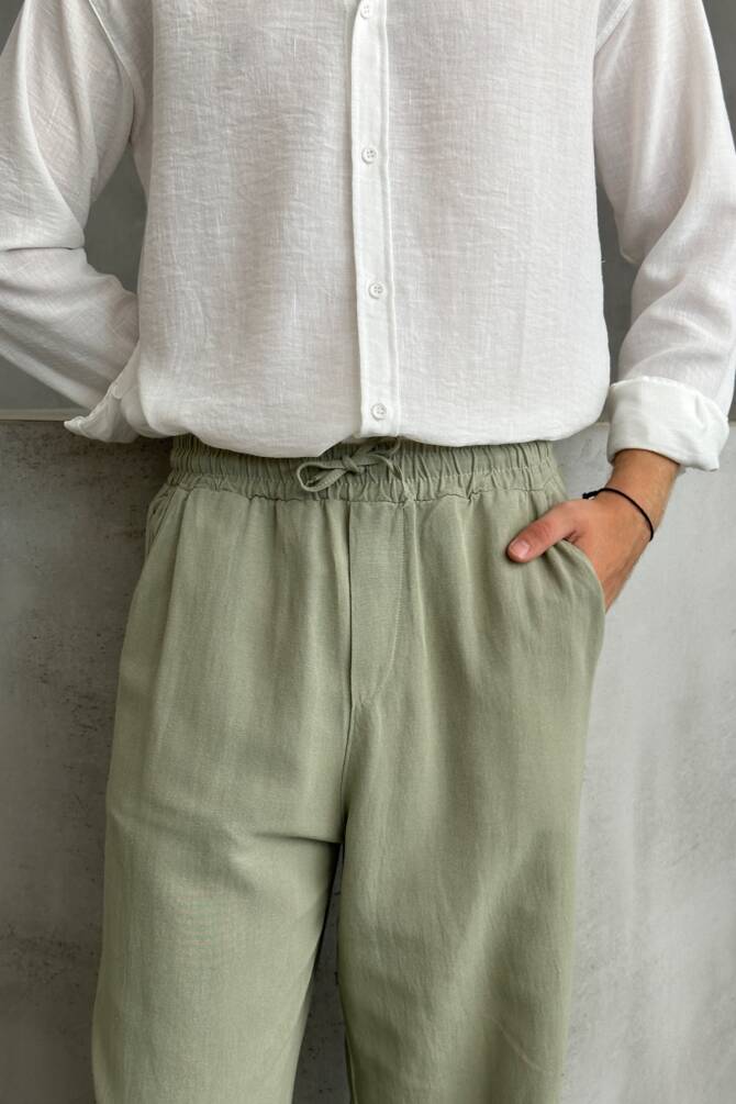 Erkek Beli Lastikli Baggy Kalıp Keten Pantolon Haki - 2