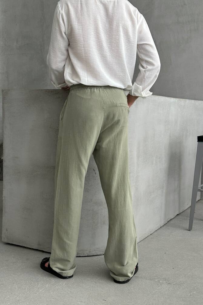 Erkek Beli Lastikli Baggy Kalıp Keten Pantolon Haki - 3