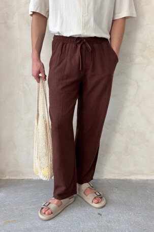 Erkek Beli Lastikli Baggy Kalıp Keten Pantolon Kahverengi - 1