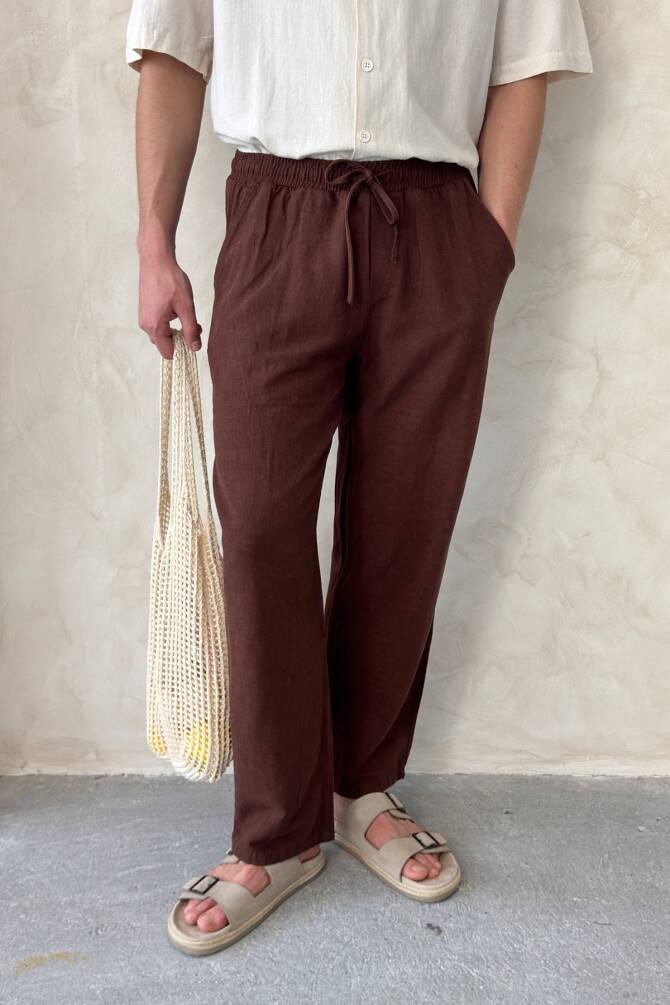 Erkek Beli Lastikli Baggy Kalıp Keten Pantolon Kahverengi - 1