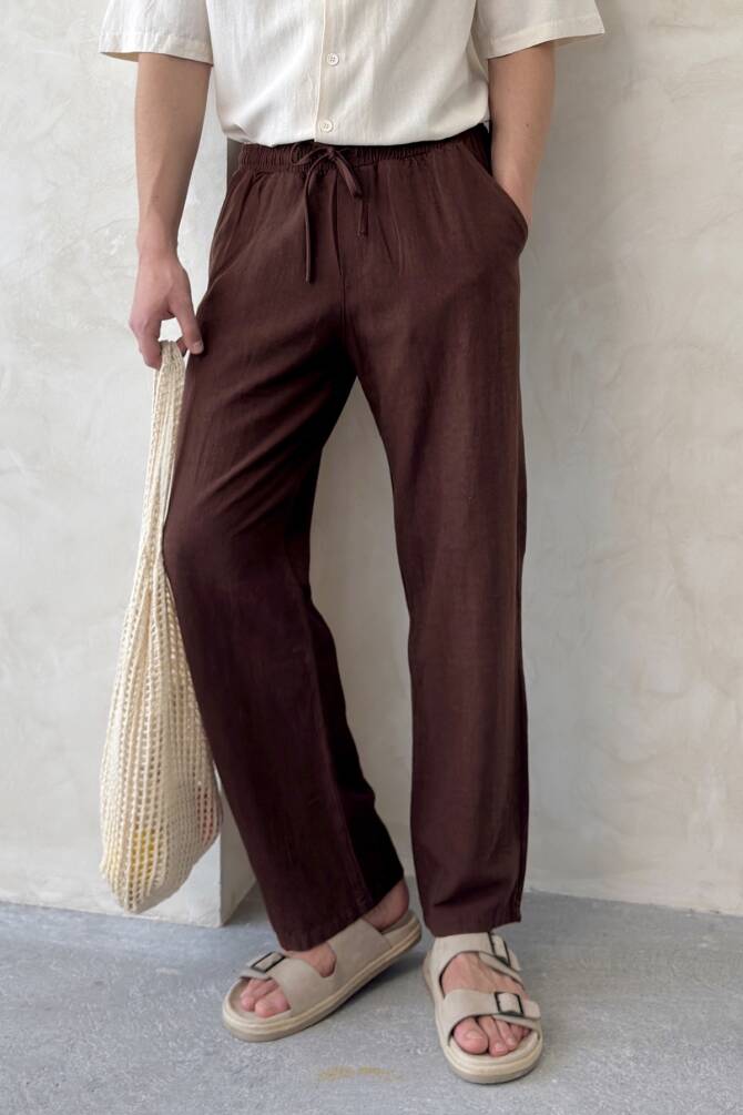 Erkek Beli Lastikli Baggy Kalıp Keten Pantolon Kahverengi - 2