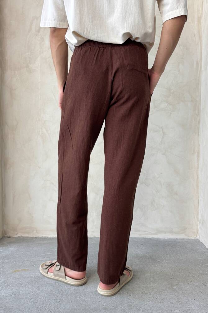 Erkek Beli Lastikli Baggy Kalıp Keten Pantolon Kahverengi - 4