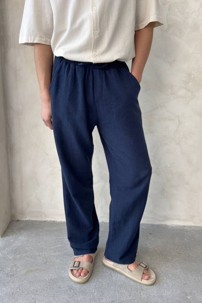 Erkek Beli Lastikli Baggy Kalıp Keten Pantolon Lacivert - 2