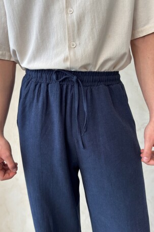 Erkek Beli Lastikli Baggy Kalıp Keten Pantolon Lacivert - 5