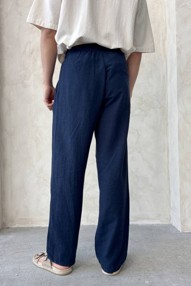 Erkek Beli Lastikli Baggy Kalıp Keten Pantolon Lacivert - 6