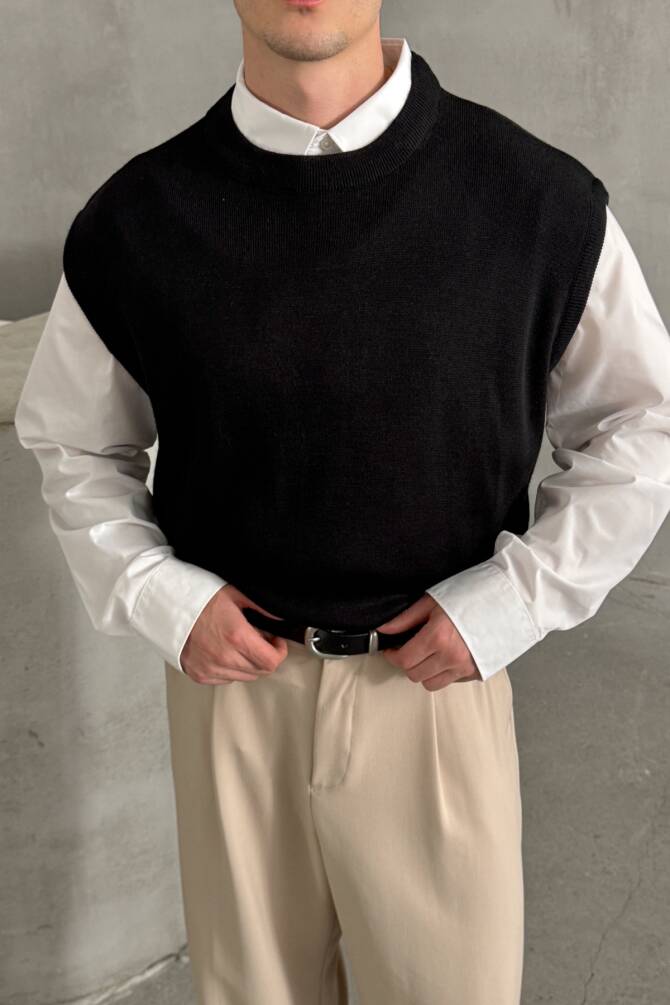 Erkek Bisiklet Yaka Oversize Süveter Siyah - 1