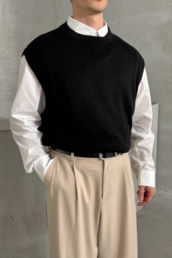 Erkek Bisiklet Yaka Oversize Süveter Siyah - 2
