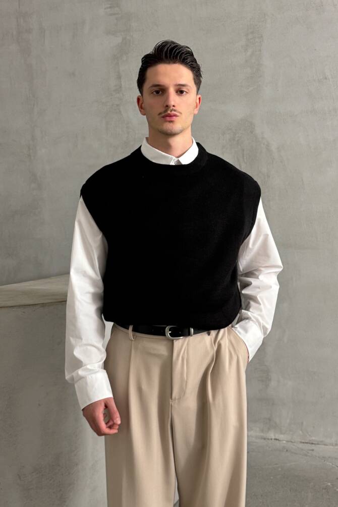 Erkek Bisiklet Yaka Oversize Süveter Siyah - 4