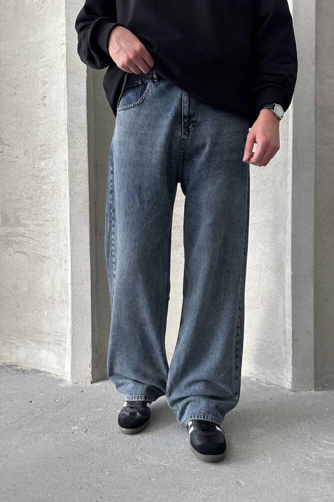 Erkek Ekstra Baggy Jean Pantolon Açık Mavi - 1