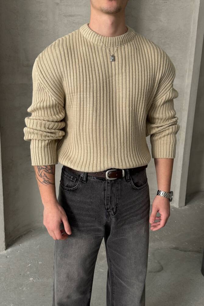 Erkek Fitilli Örme Oversize Kazak Bej - 2