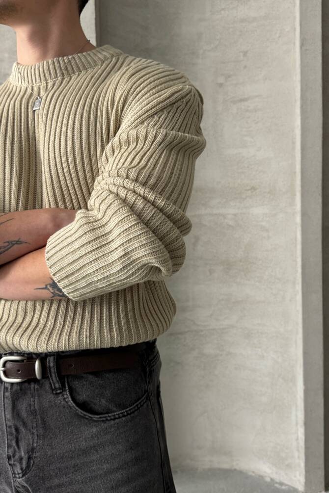 Erkek Fitilli Örme Oversize Kazak Bej - 4