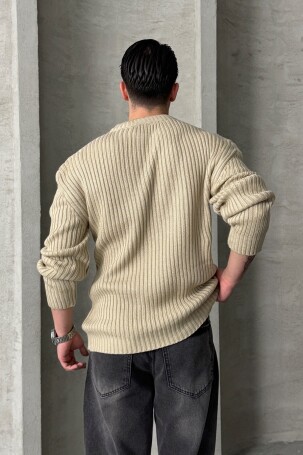 Erkek Fitilli Örme Oversize Kazak Bej - 5