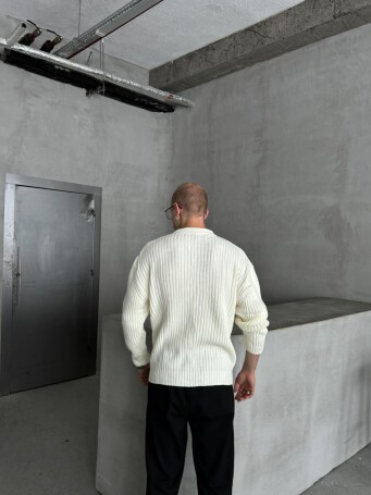 Erkek Fitilli Örme Oversize Kazak Beyaz - 4