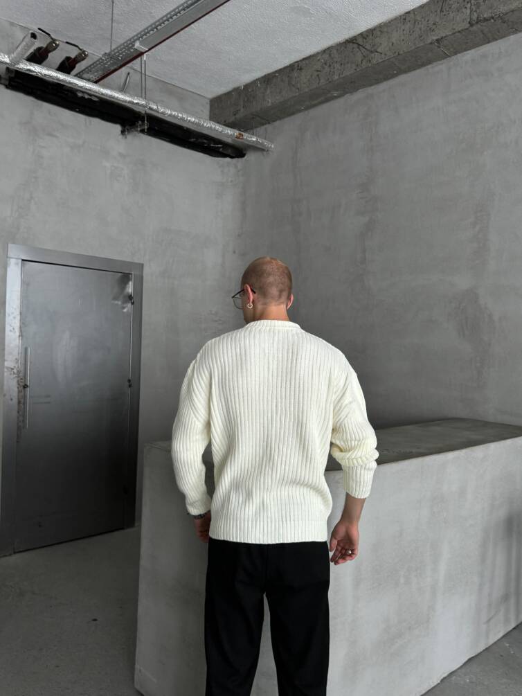 Erkek Fitilli Örme Oversize Kazak Beyaz - 4