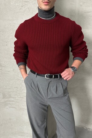Erkek Fitilli Örme Oversize Kazak Bordo - 2