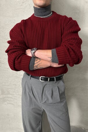 Erkek Fitilli Örme Oversize Kazak Bordo - 3