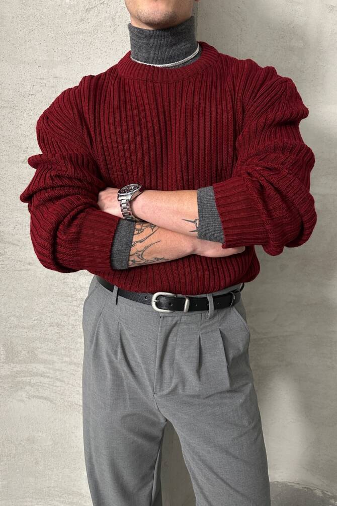 Erkek Fitilli Örme Oversize Kazak Bordo - 3