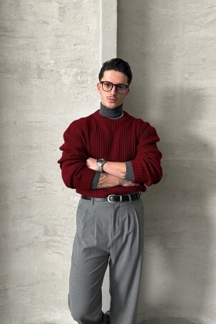 Erkek Fitilli Örme Oversize Kazak Bordo - 4