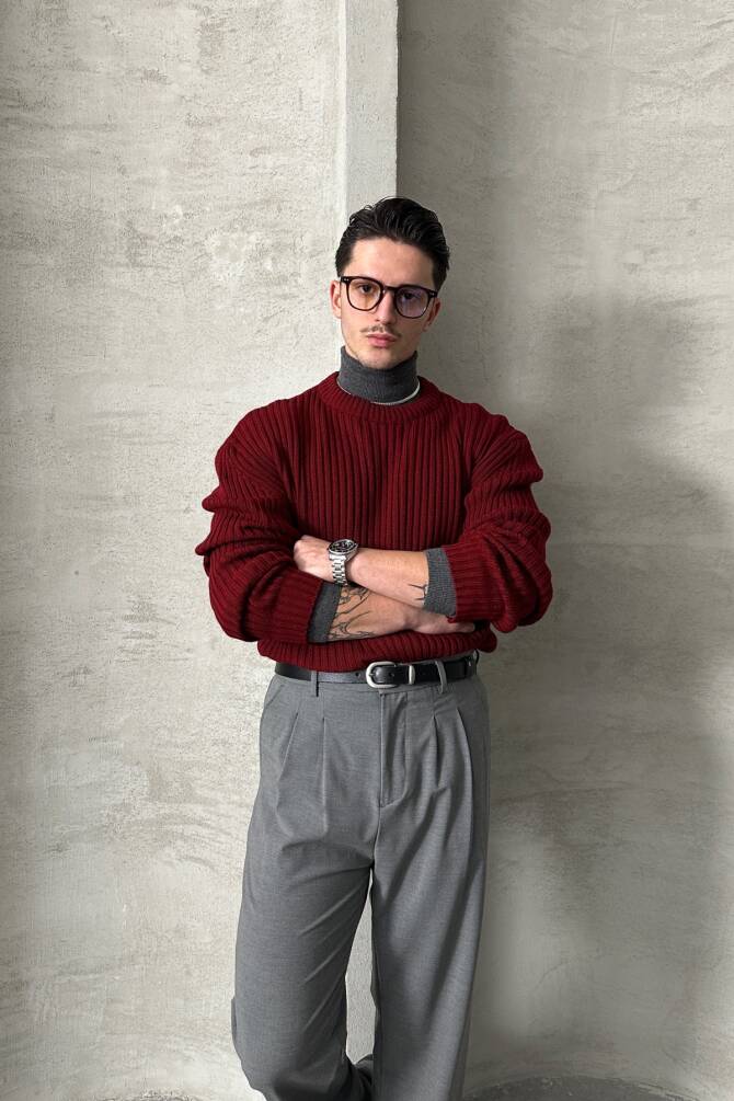 Erkek Fitilli Örme Oversize Kazak Bordo - 4