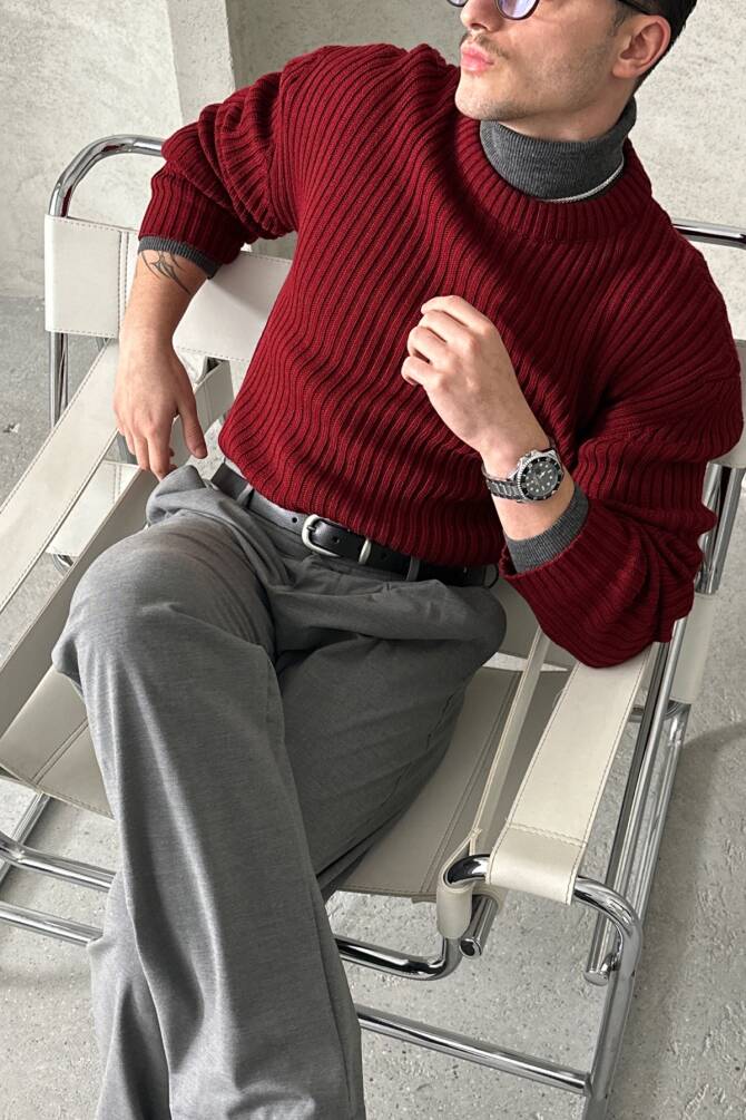 Erkek Fitilli Örme Oversize Kazak Bordo - 5