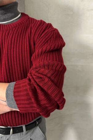 Erkek Fitilli Örme Oversize Kazak Bordo - 6