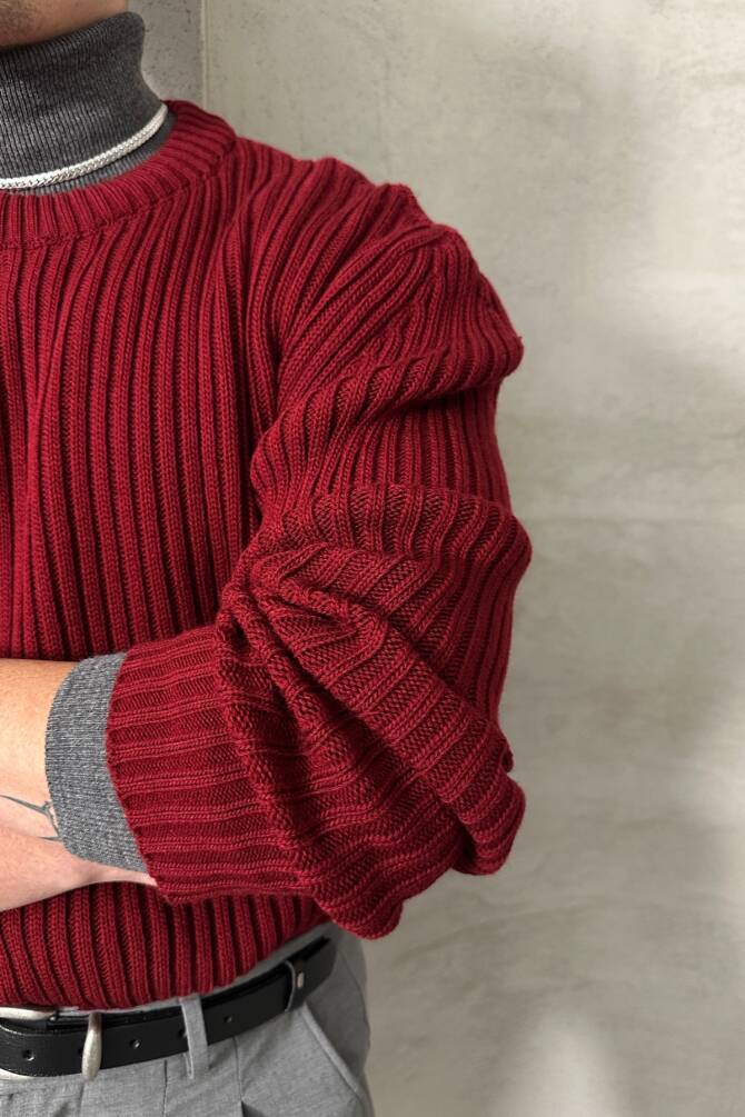 Erkek Fitilli Örme Oversize Kazak Bordo - 6