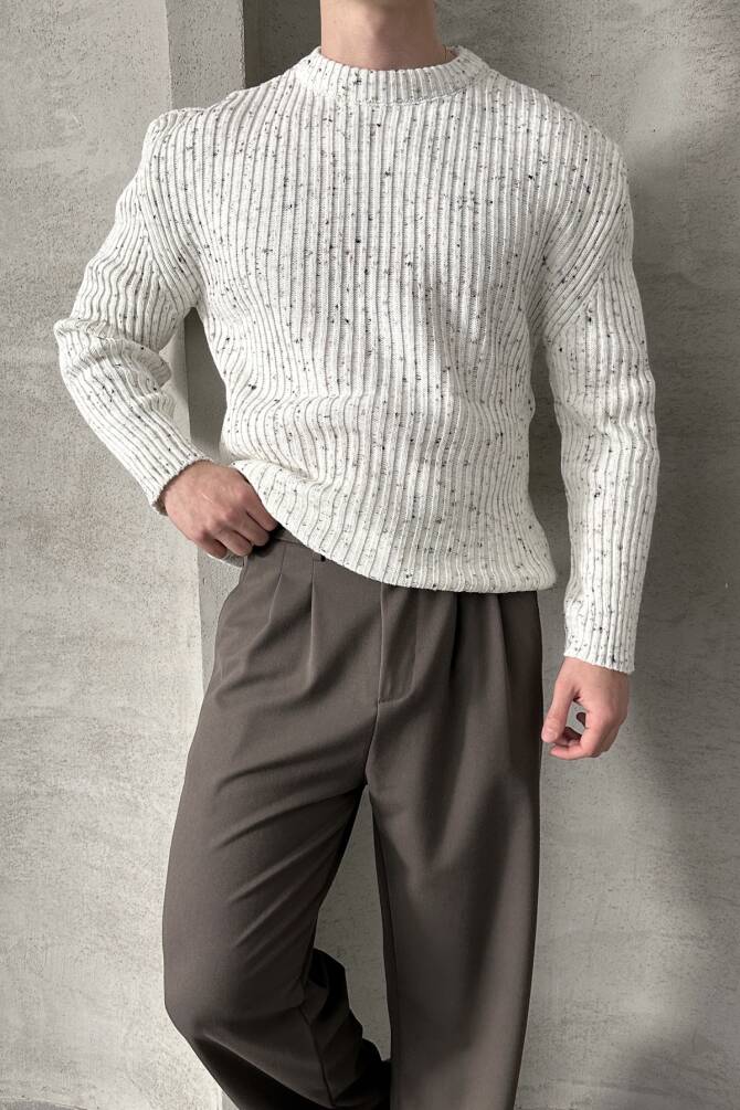 Erkek Fitilli Örme Oversize Kazak Ekru - 3