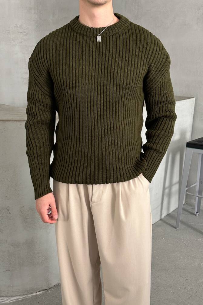 Erkek Fitilli Örme Oversize Kazak Haki - 3
