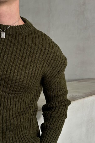 Erkek Fitilli Örme Oversize Kazak Haki - 4