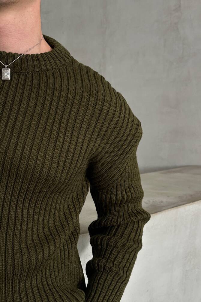 Erkek Fitilli Örme Oversize Kazak Haki - 4