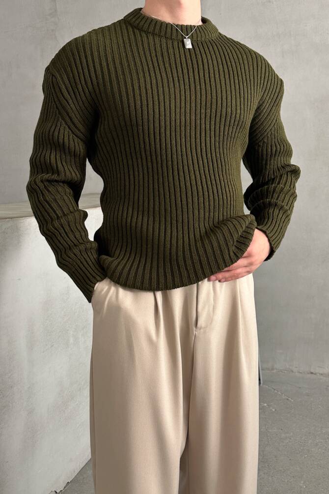 Erkek Fitilli Örme Oversize Kazak Haki - 5