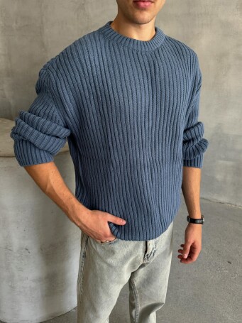 Erkek Fitilli Örme Oversize Kazak İndigo - 2
