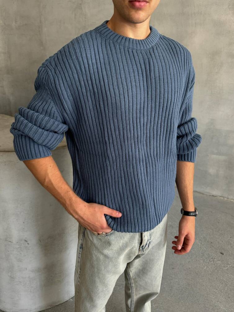 Erkek Fitilli Örme Oversize Kazak İndigo - 2