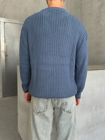 Erkek Fitilli Örme Oversize Kazak İndigo - 4