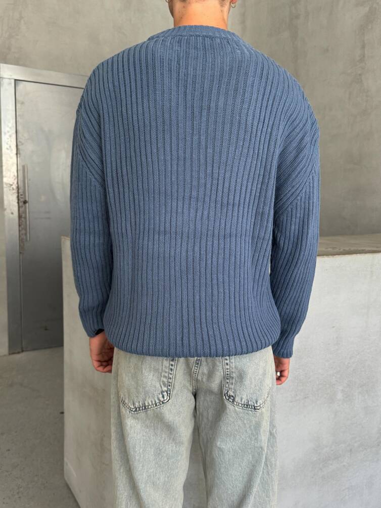 Erkek Fitilli Örme Oversize Kazak İndigo - 4