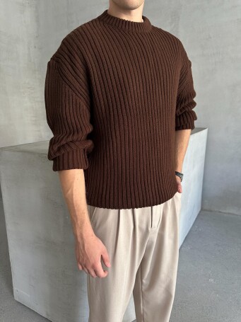 Erkek Fitilli Örme Oversize Kazak Kahverengi - 3